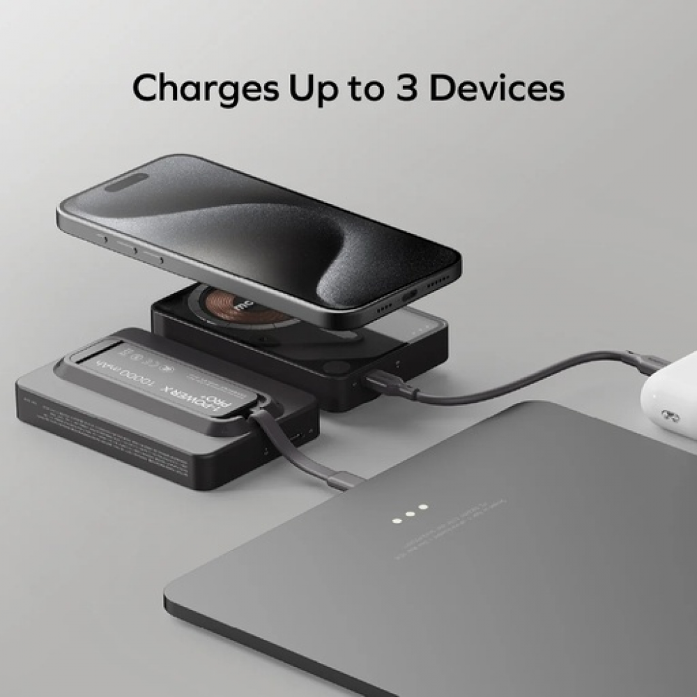 1-Power X Pro+ Magnetic Wireless Power Bank 10000mAh With Built-In USB-C Cable Black