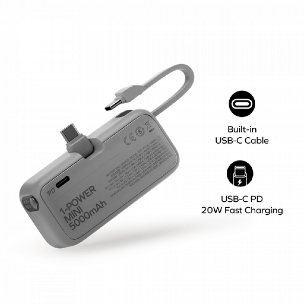 1-Power Mini 3-in-1 Power Bank 5000mAh USB-C Azure Blue
