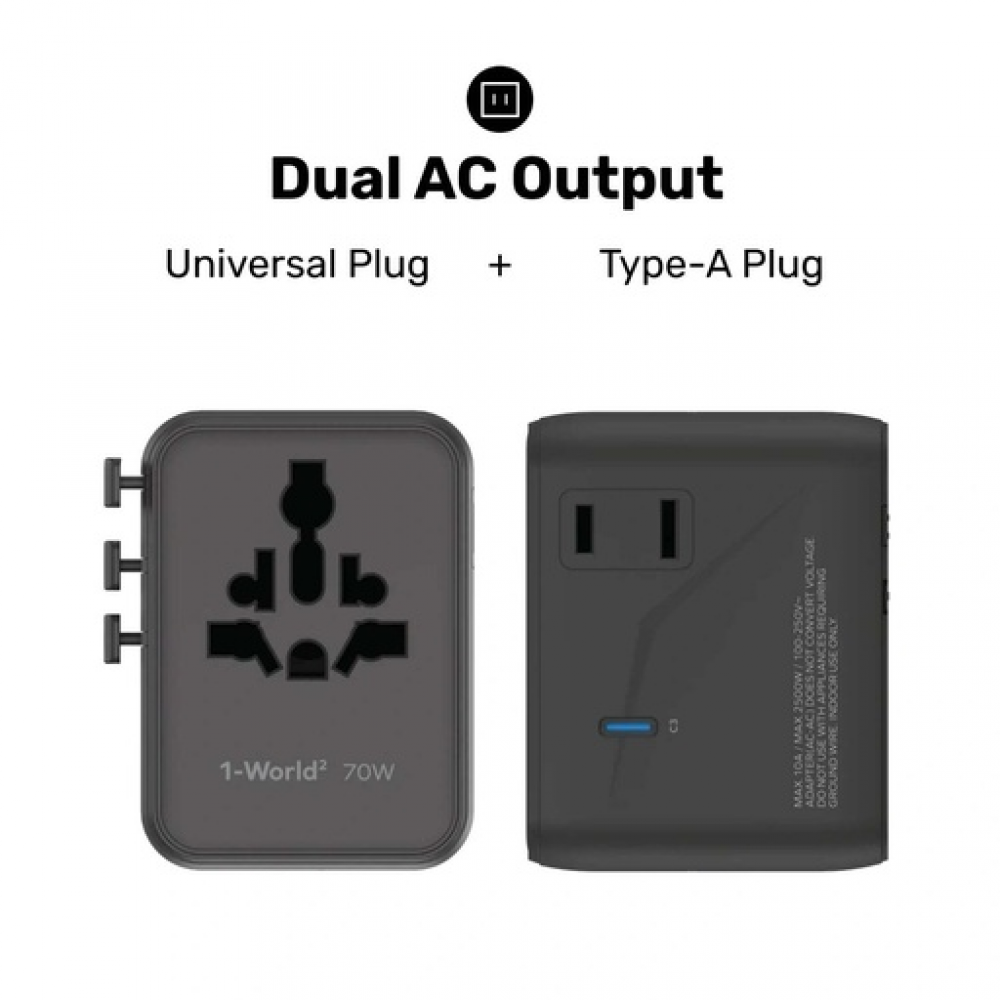 1-World² 5-Port Mini Universal Travel GaN Charger 70W with Dual AC Sandstone