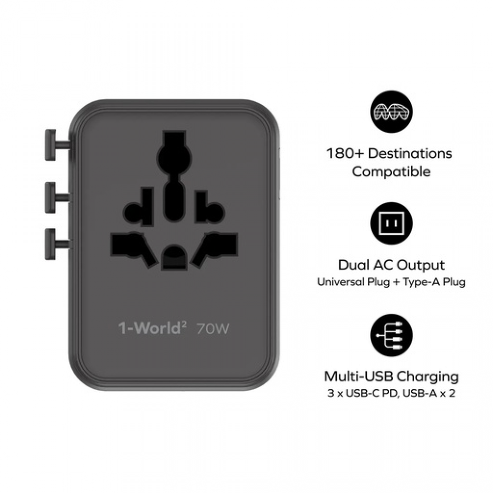 1-World² 5-Port Mini Universal Travel GaN Charger 70W with Dual AC Sandstone
