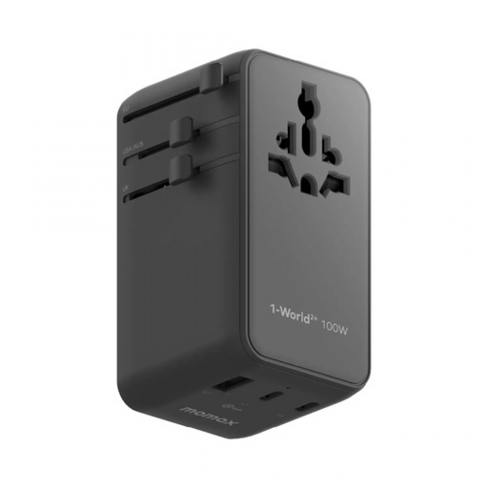 1-World²⁺ 4-Port Mini Universal Travel GaN Charger with Built-In Retractable Cable 100W with Dual AC Black
