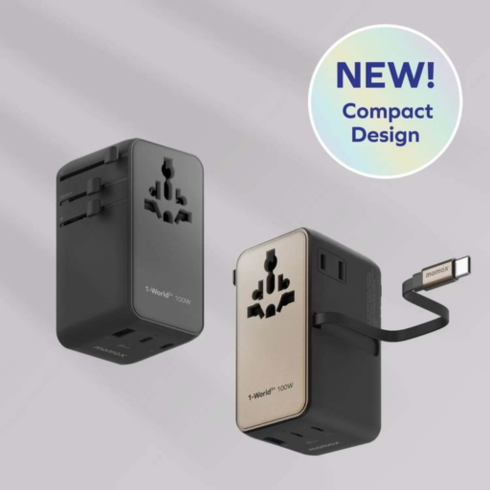 1-World²⁺ 4-Port Mini Universal Travel GaN Charger with Built-In Retractable Cable 100W with Dual AC Titanium