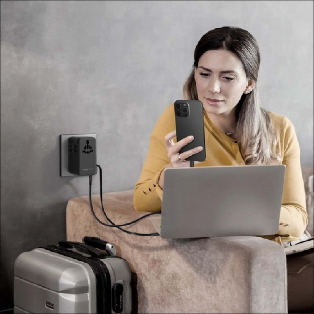 1-World²⁺ 4-Port Mini Universal Travel GaN Charger with Built-In Retractable Cable 100W with Dual AC Titanium