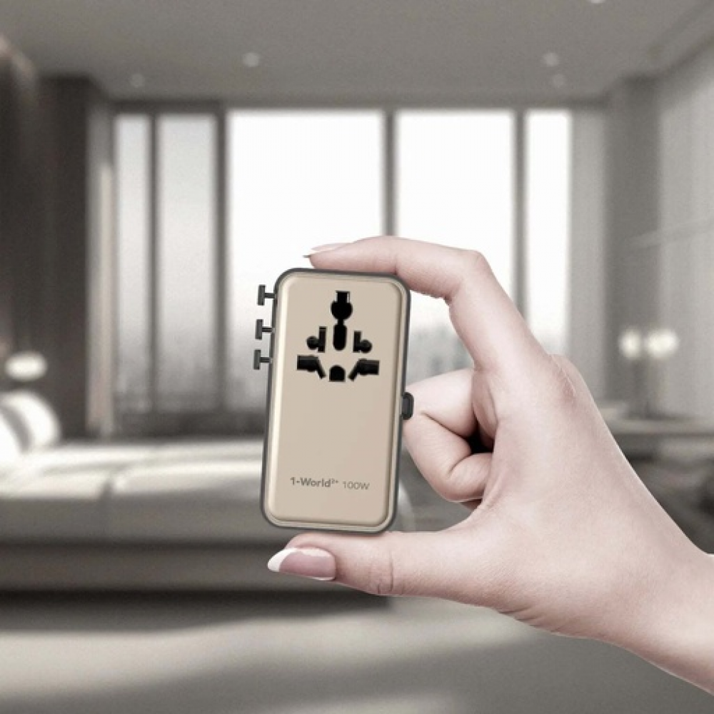 1-World²⁺ 4-Port Mini Universal Travel GaN Charger with Built-In Retractable Cable 100W with Dual AC Titanium