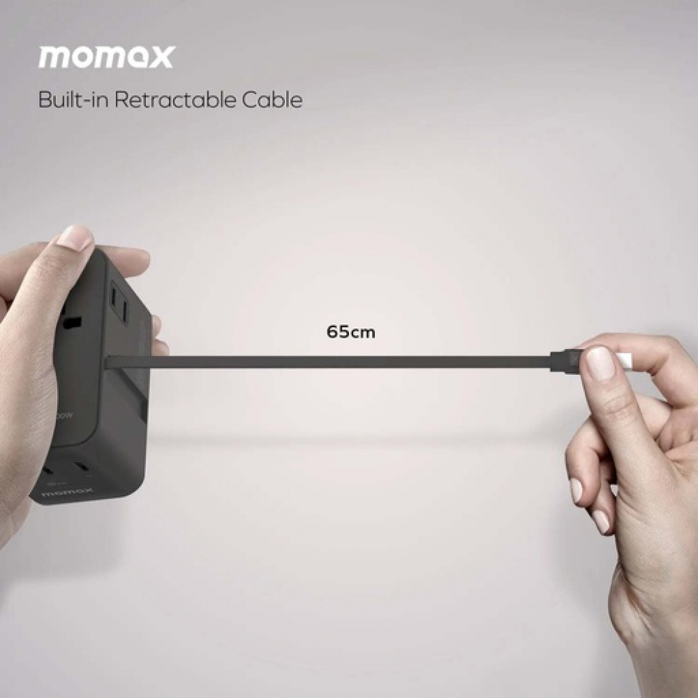 1-World²⁺ 4-Port Mini Universal Travel GaN Charger with Built-In Retractable Cable 100W with Dual AC Titanium