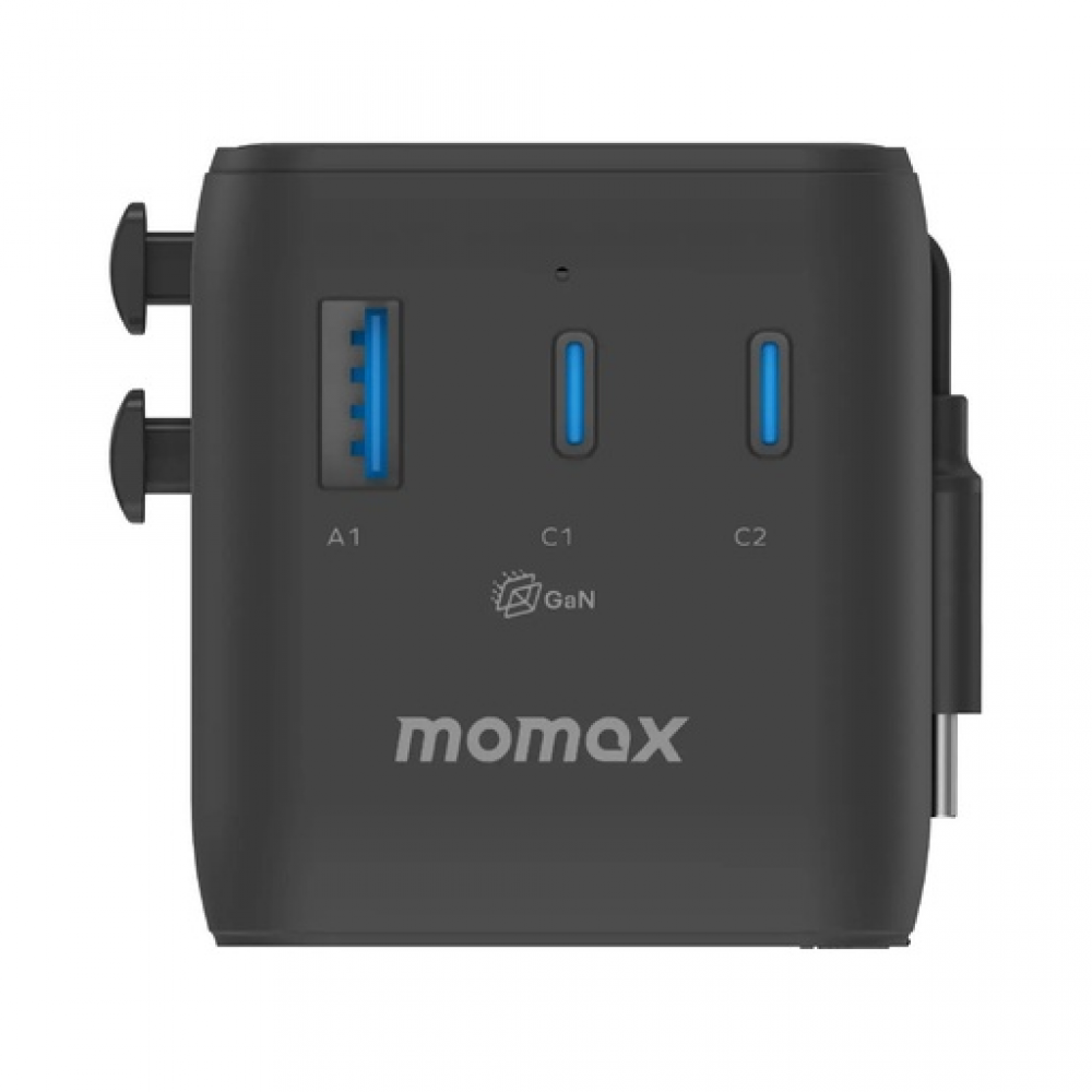 1-World²⁺ 4-Port Mini Universal Travel GaN Charger with Built-In Retractable Cable 100W with Dual AC Titanium
