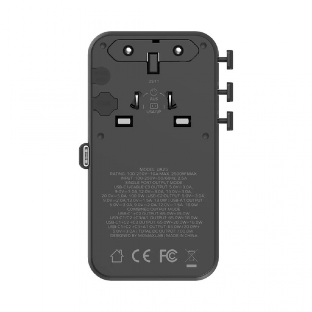 1-World²⁺ 4-Port Mini Universal Travel GaN Charger with Built-In Retractable Cable 100W with Dual AC Titanium