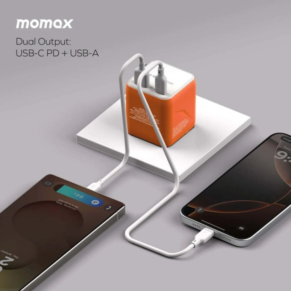 1-World² 2-Port USB-A and USB-C GaN Travel Charger 20W Orange