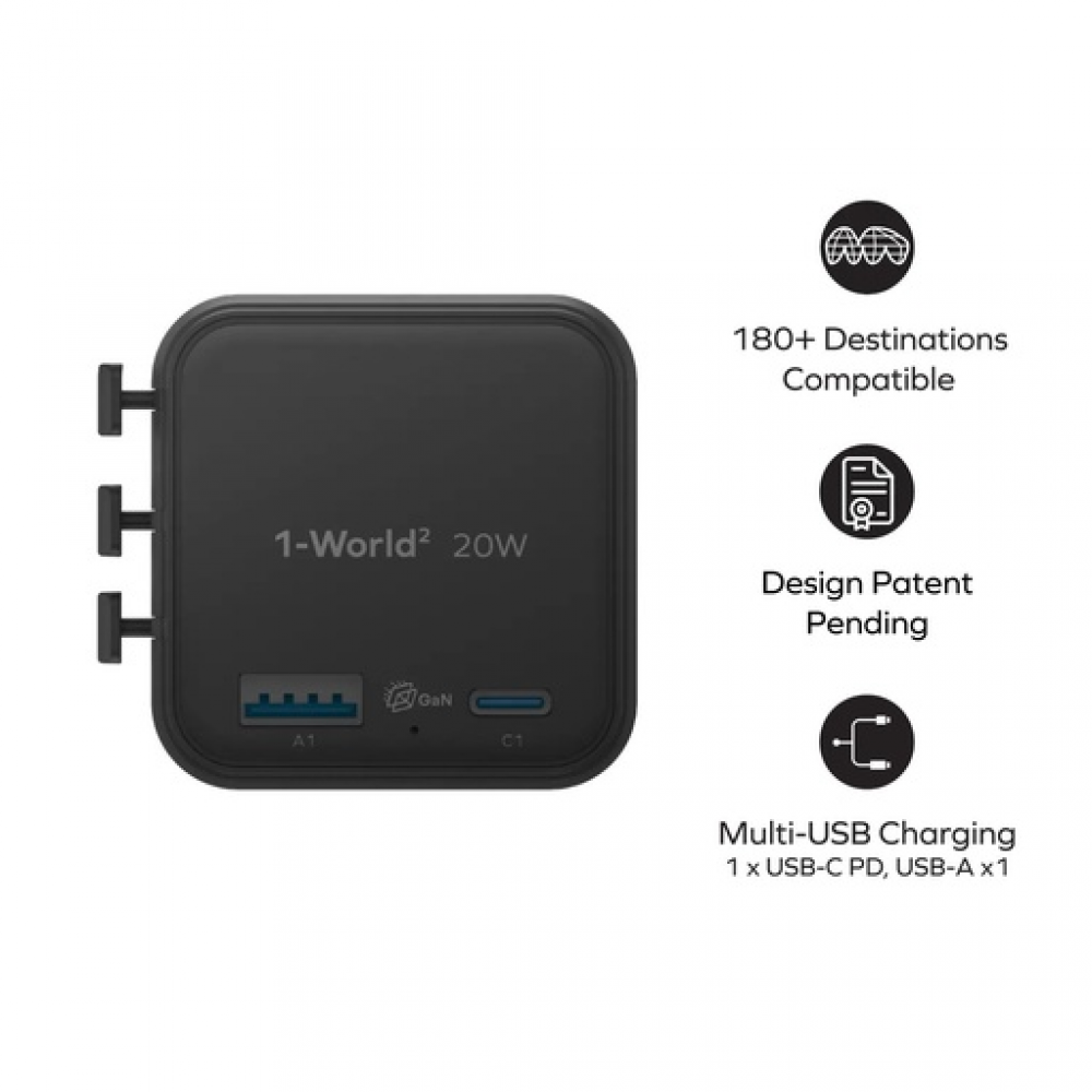 1-World² 2-Port USB-A and USB-C GaN Travel Charger 20W Orange