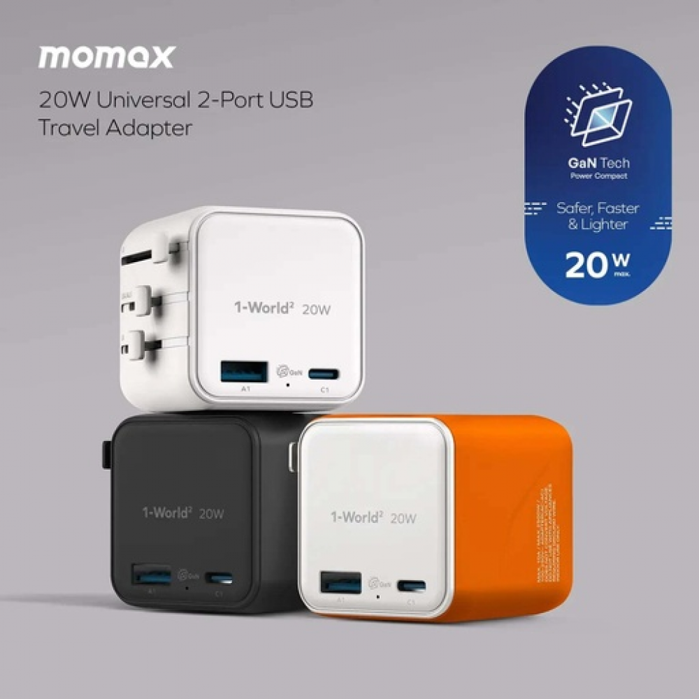 1-World² 2-Port USB-A and USB-C GaN Travel Charger 20W Orange