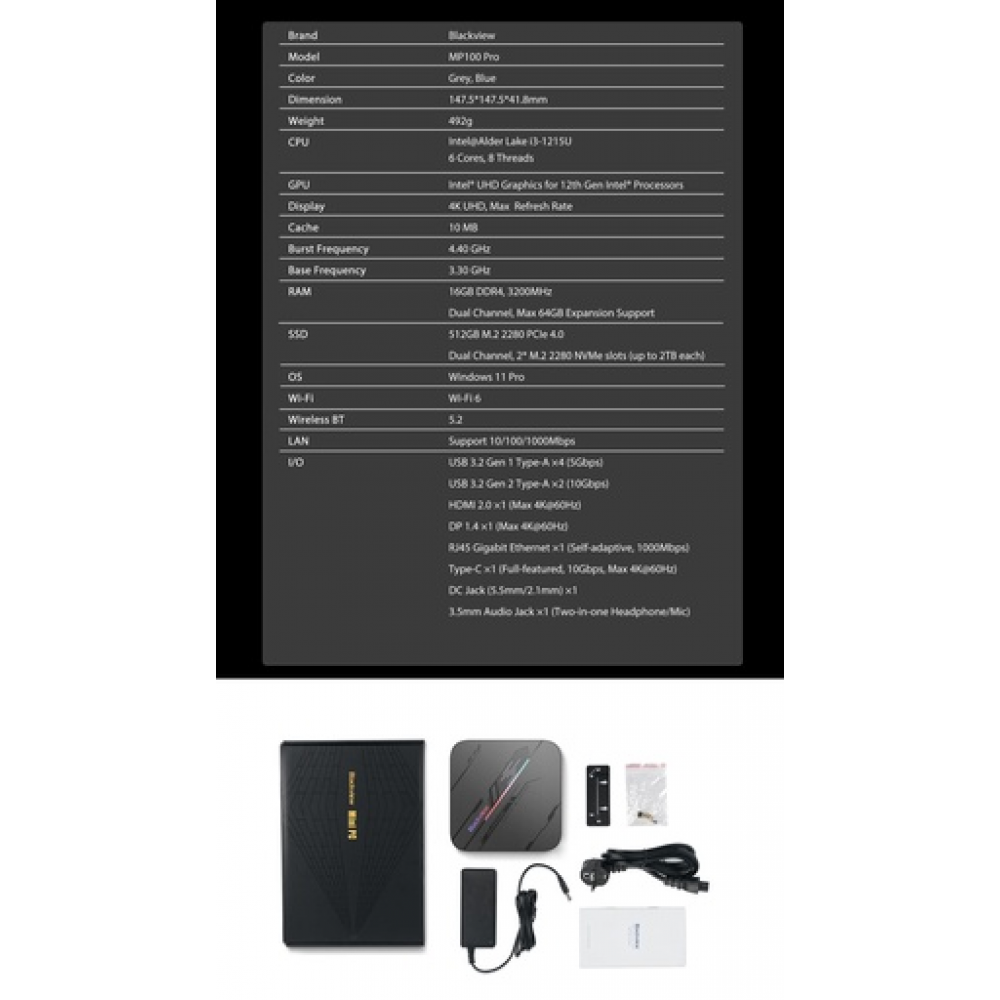 BlackView Μini PC MP100 PRO I3 16GB 512GB SSD Win11 Pro Black