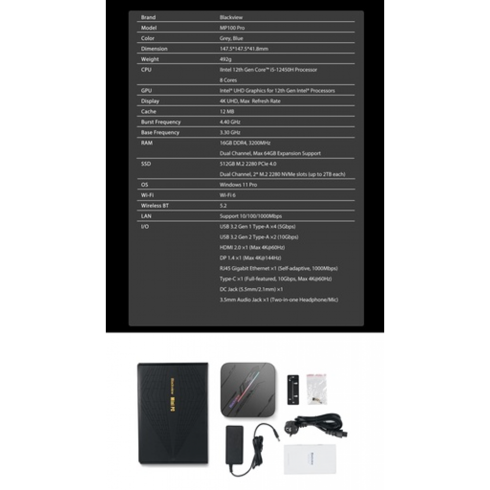 BlackView Μini PC MP100 PRO  i5-12450H 16GB 512GB SSD Win11 Pro Black