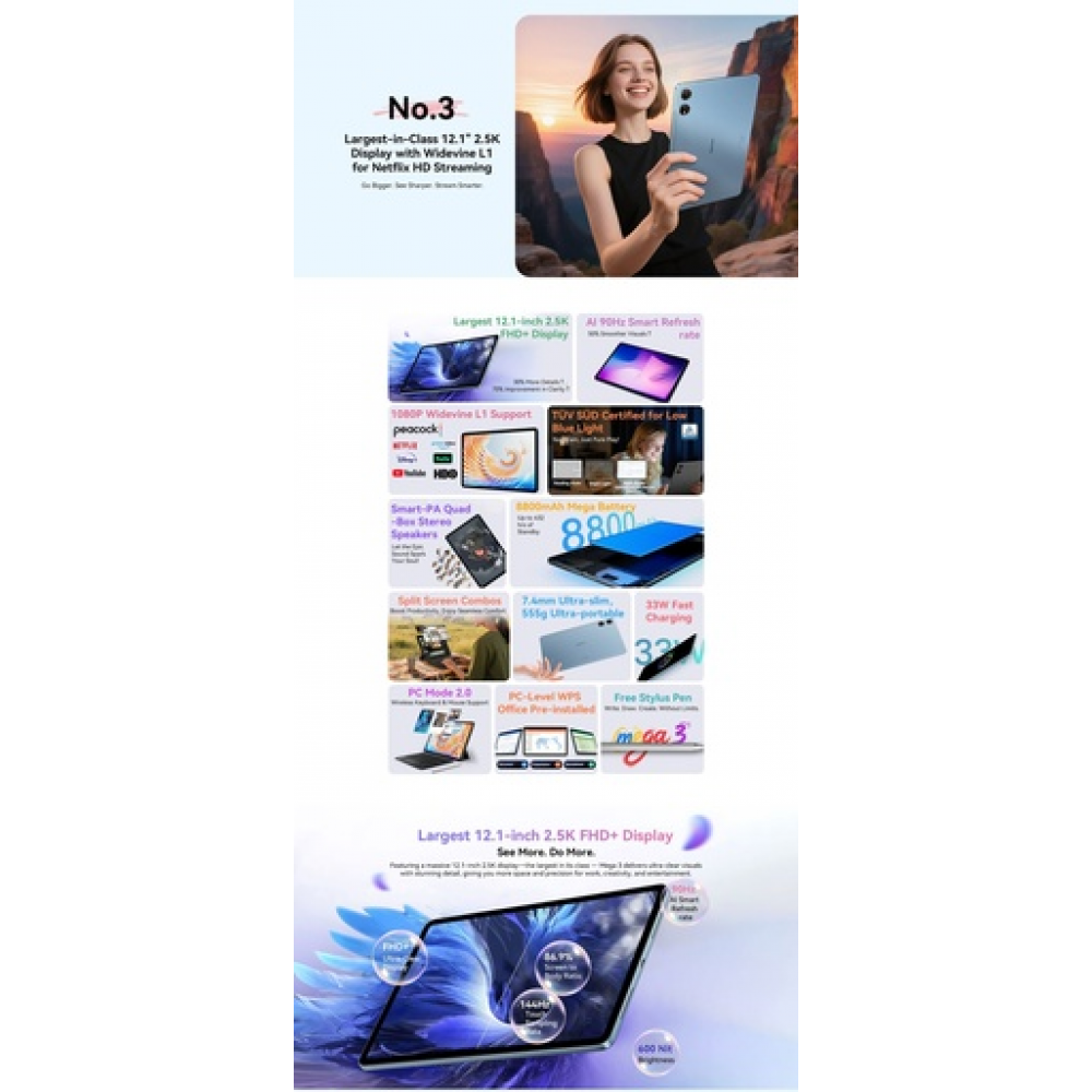 Blackview MEGA 3 – 12,1" Android 15 Tablet με WiFi & 4G LTE | 12GB RAM, 256GB ROM | Space Grey Set