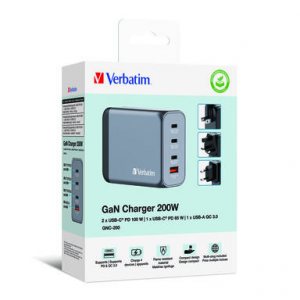 Verbatim GaN USB-A και 3 Θύρες USB-C 200W Power Delivery / Quick Charge 3.0 Gray Verbatim GaN USB-A και 3 Θύρες USB-C 200W Power Delivery / Quick Charge 3.0 Gray
