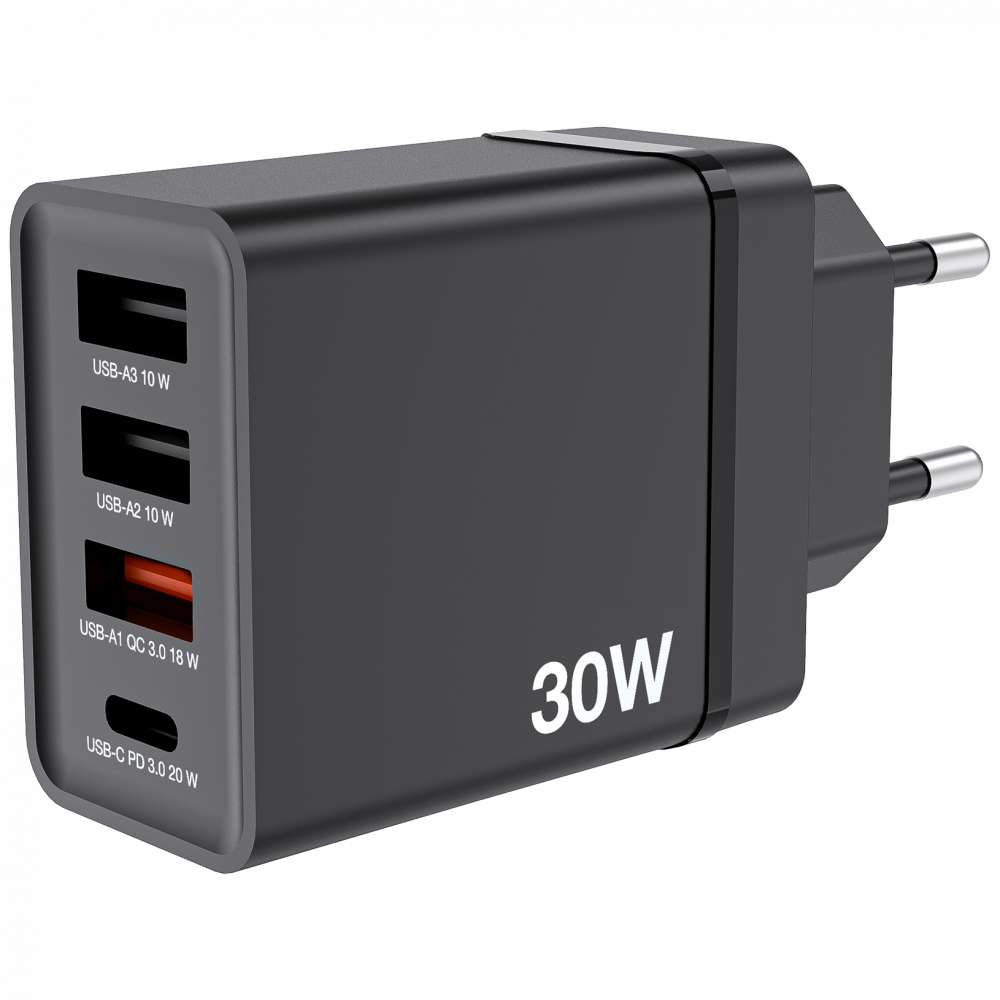 CHR-30EU1 USB Charger 30W with 1 x USB-C® PD 20W / 1 x USB-A QC 3.0 / 2 x USB-A 10W Black (EU)	