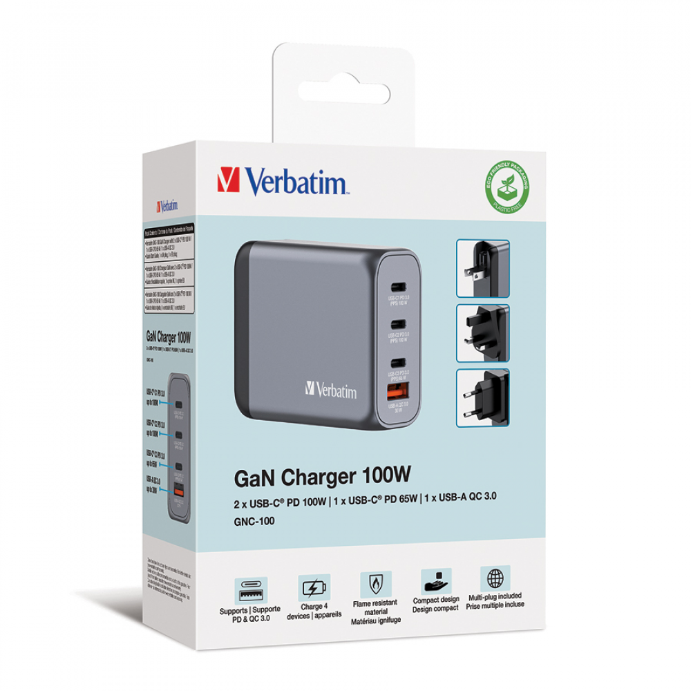 Verbatim GNC-100 GaN Charger 4 Port 100W USB A/C (EU/UK/US)