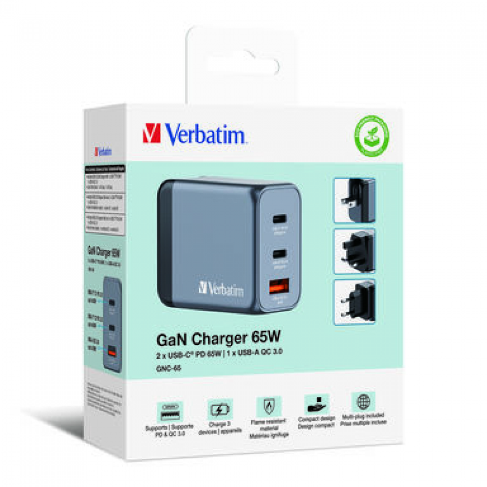 Verbatim GNC-65 GaN Charger 3 Port 65W USB A/C (EU/UK/US)